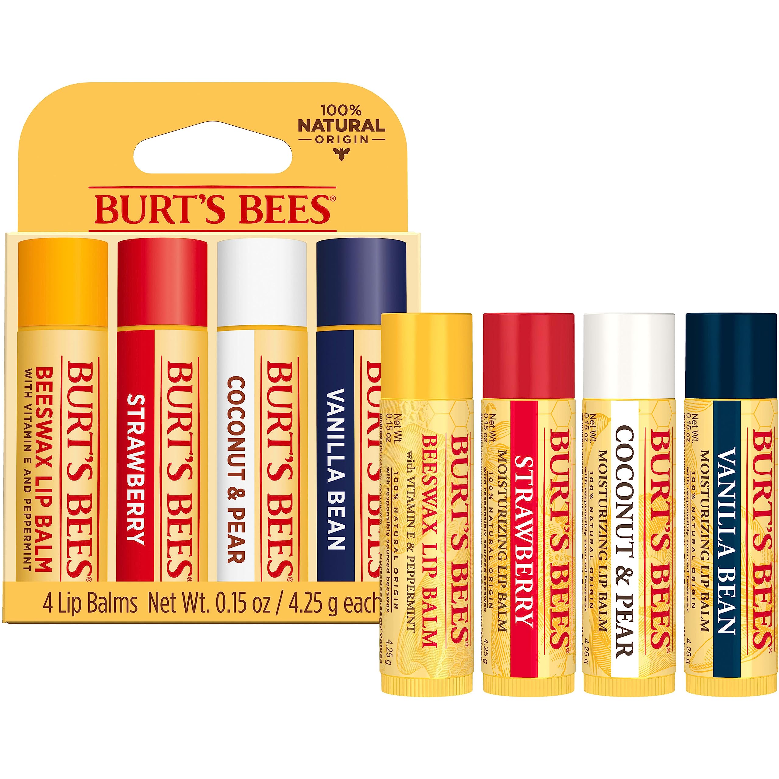 Burt's Bees Lip Balm, Moisturizing Lip Care, for All Day Hydration, 100% Natural, Original Beeswax, Strawberry, Coconut & Pear & Vanilla (4 Pack)
