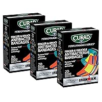 Curad Performance Series Ironman Fingertip and Knuckle Antibacterial Bandages, Extreme Hold Adhesive Technology, Fabric Bandages, 20 Count (Pack of 3)