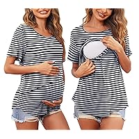 Ekouaer Women's Maternity Shirts Short Sleeves Nursing Tops 3 Pack Double Laye Breastfeeding Tees Pregnancy Clothes S-XXL
