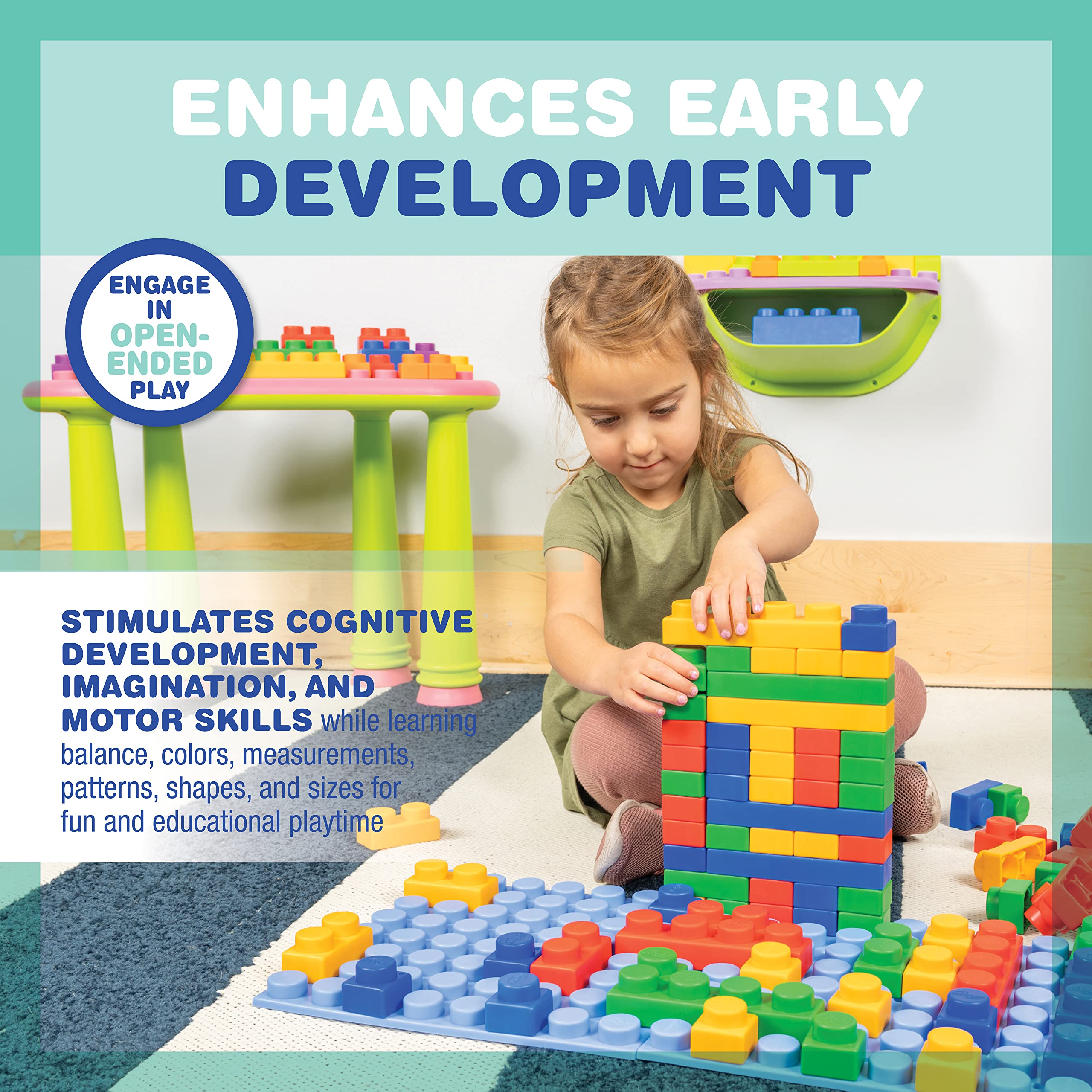 UNiPLAY Platform Soft Building Blocks — Educational Sensory Stacking Blocks, Learning Toy with Four 11 x 11 Inch Base Plates for Ages 3 Months and Up (124-Piece Set)