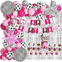 Amandir 113Pcs Western Cowgirl Birthday Party Decorations, Retro Horse Rodeo Party Supplies Backdrop for Girls Hot Pink Silver Balloon Garland Arch Kit Birthday Banner Horse Garland Cake Toppers