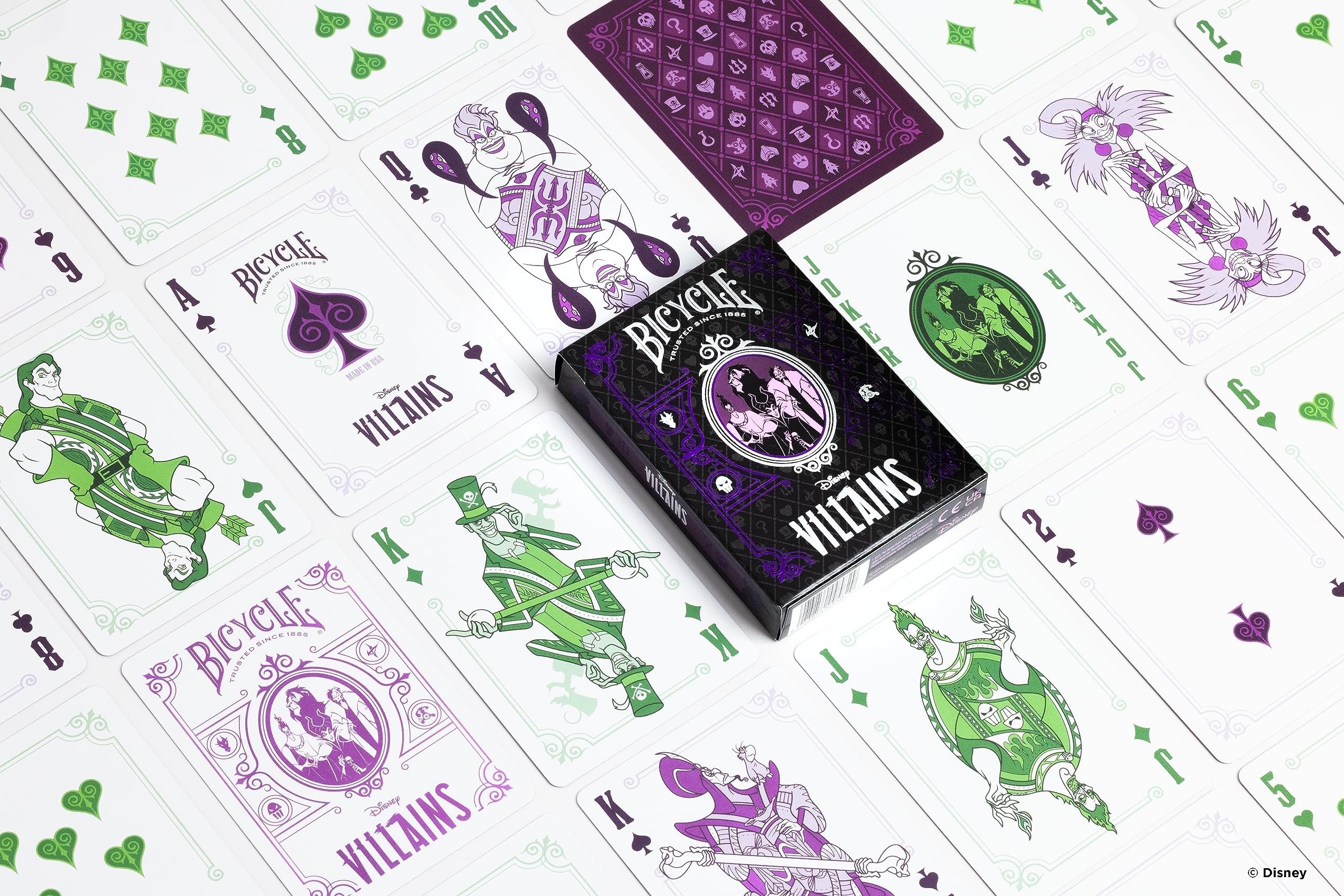 Bicycle Disney Villains Playing Cards - Features 12 Disney Villains Including Scar, Maleficent, Ursula, and More - Green or Purple Playing Cards (Colors May Vary)