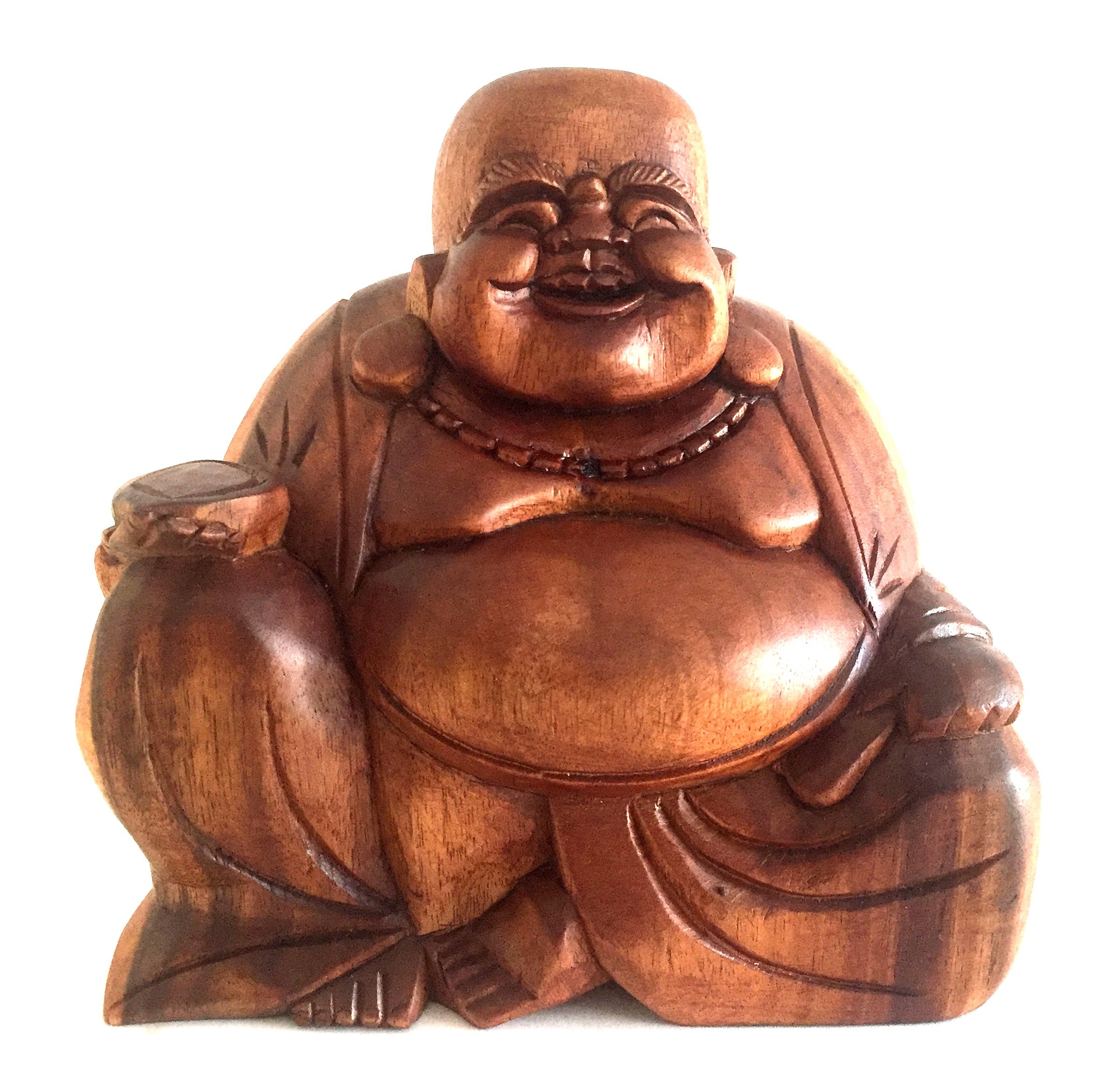 OMA Happy Sitting Buddha Inspirational Peace Wood Carved Statue, Large Size Brand
