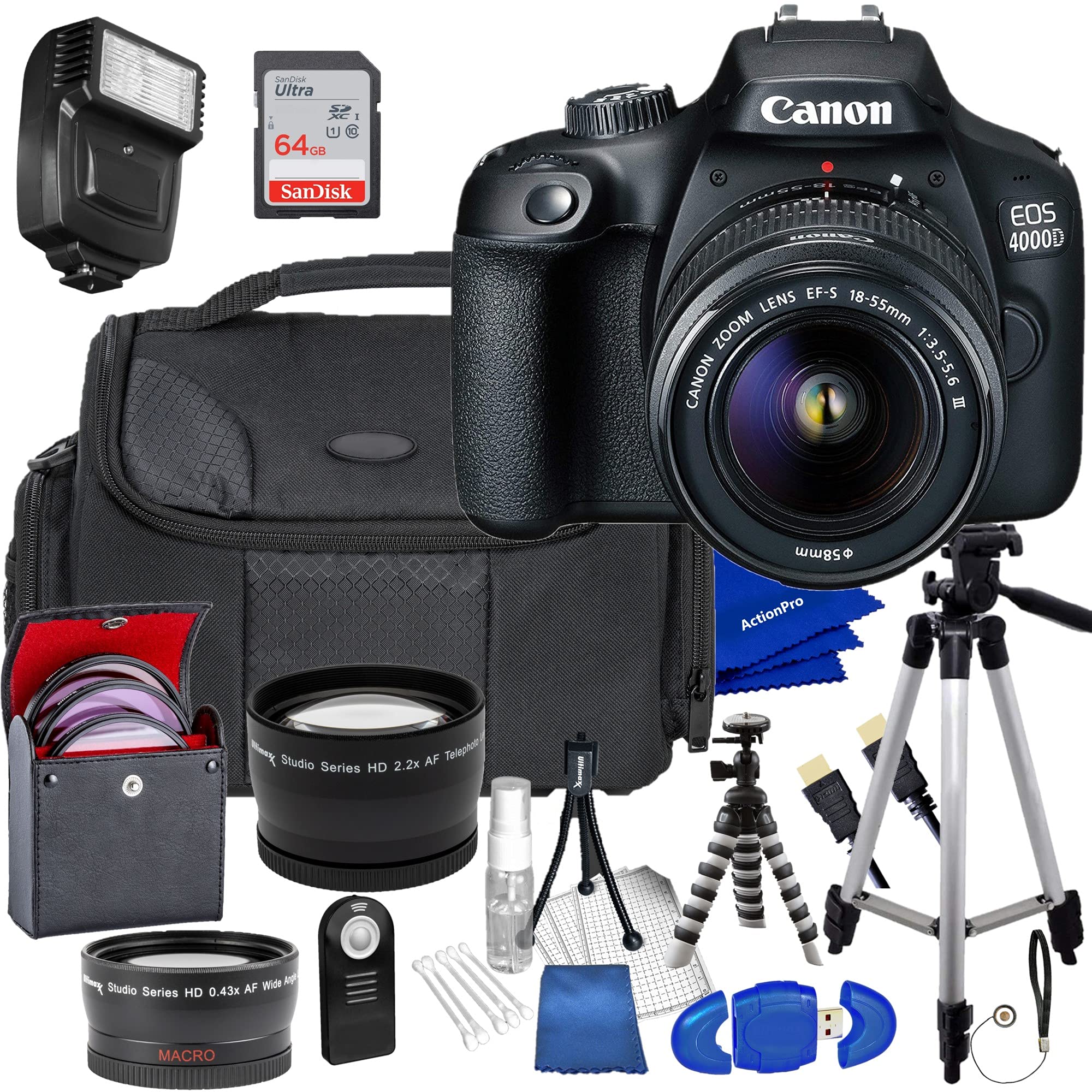 Canon Intl. EOS 4000D DSLR Camera with EF-S 18-55mm F/3.5-5.6 III Lens, ActionPro Bundle Includes 64 GB SanDisk Memory Card, Tripods, Flash, Bag, Filters and More (Large Kit) A (Renewed)