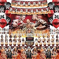 102pcs Wrestling Birthday Party Decorations, Wrestling Party Supplies for Boys Include 1 Happy Birthday Banner, 1 Cake Topper, 24 Cupcake Toppers, 24 Balloons 1 Tablecloth 1 Backdrop 50 Stickers