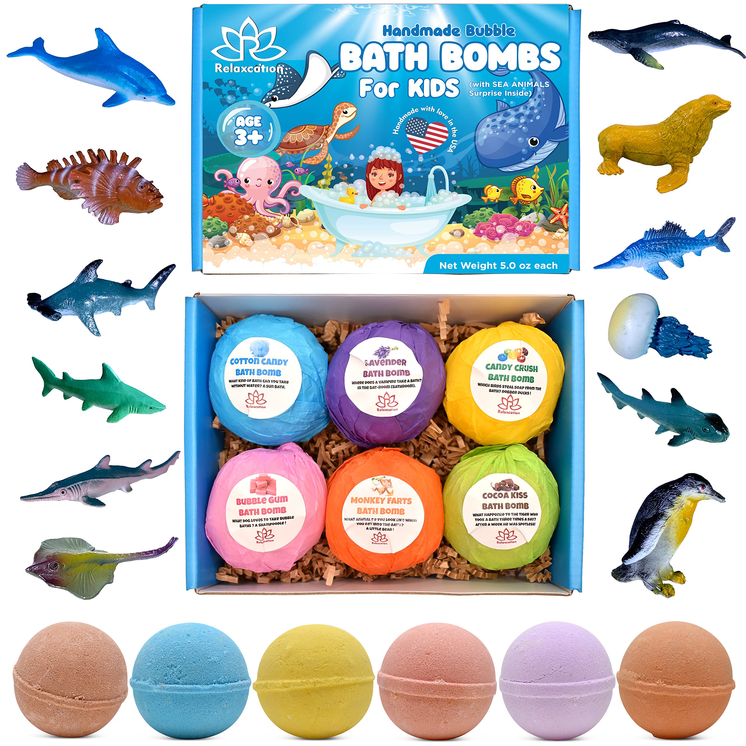 Bath Bombs for Kids with Surprise Inside SEA Animals Toys- Natural and Safe Bath Bombs Gift Set for Girls & Boys - Multicolored Organic Bubble Bath - Made in USA - Gift for Easter