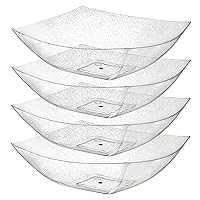 Posh Setting Square Plastic Serving Bowls, Medium Silver Glitter Plastic Serving Bowls, 4 Pack Plastic Disposable Party Snack, Buffet, Chips, or Salad Bowl, Heavy Duty