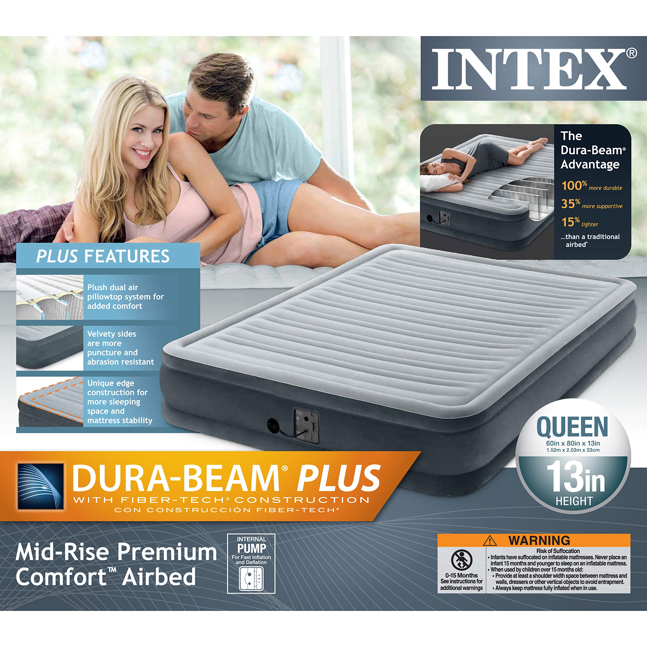 Intex Comfort Dura-Beam Airbed Internal Electric Pump Bed Height Elevated (2020 Model)