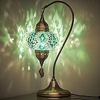 Turkish Moroccan Tiffany Style Handmade Colorful Mosaic Table Desk Bedside Night Swan Neck Lamp Light Lampshade with Metal Body and Hanging Metal Leaf, Green, 19