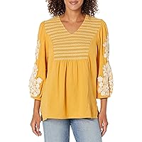 Women's Smocked V Neck Top with Embroidery