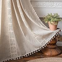 Sutuo Home Boho Curtain Semi-Blackout Crochet Hollow Lace Patchwork with Textured Linen Fabric, Handmade Tassels Rod Pocket Bohemian Window Drapes for Living Bedroom, 59
