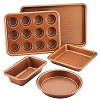 Ayesha Curry Kitchenware Nonstick Bakeware Set Includes Cookie Sheet, Loaf, Muffin Cake Pans, 5-Piece, Copper