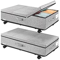 Under Bed Storage with Wheels, Rolling Underbed Storage Containers with Lids, Under Bed Shoe Storage Bins Organizer with Reinforced Metal Bottom Support and Three Handles, 2 Pack Grey