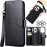 Genuine Leather for Apple iPhone 15 Pro Max Wallet Case with Card Holder Kickstand, Phone Accessories for Woman Men, 2 pcs Screen Protector 2 pcs Camera Lens Cover, Black