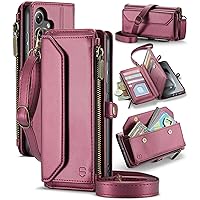Crossbody for Samsung Galaxy S24 Plus Case Wallet【RFID Blocking】 with 10-Card Holder Zipper Bills Slot, PU Leather Magnetic Shoulder Strap for Galaxy S24 Plus 5G Phone Case Women,WineRed