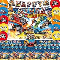 58 Pcs Hot Car Birthday Party Supplies,Included Banner,Hanging Swirls,Tablecloth,Cake Topper,Cupcake Toppers,Backdrop,Balloon for Boy and Girl Wheel Party Decorations