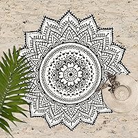 Sophia-Art Indian Mandala Round Beach Throw Tapestry Hippy Boho Gypsy Cotton Tablecloth Lotus Flower Round Cotton Outdoor Beach Towel Roundie (Stylish Black)