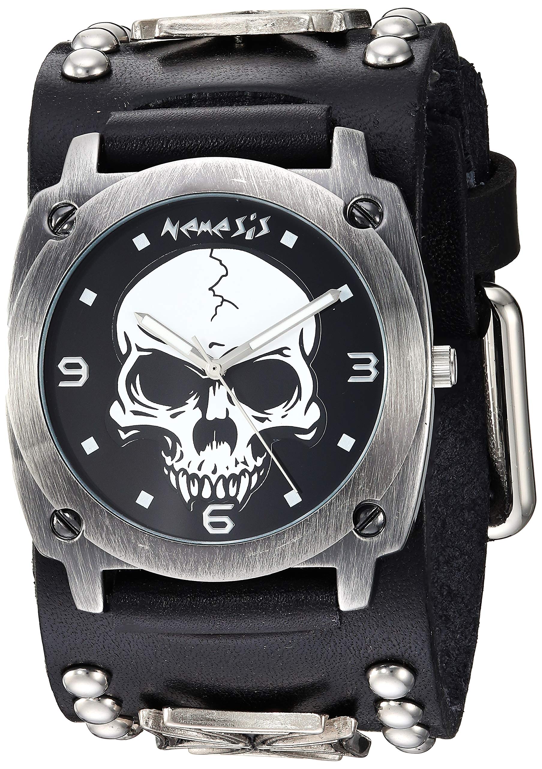 Nemesis Heavy Skull Stainless Steel Analog-Quartz Leather Strap, Black, 38.7 Casual Watch (Model: MIC926K)