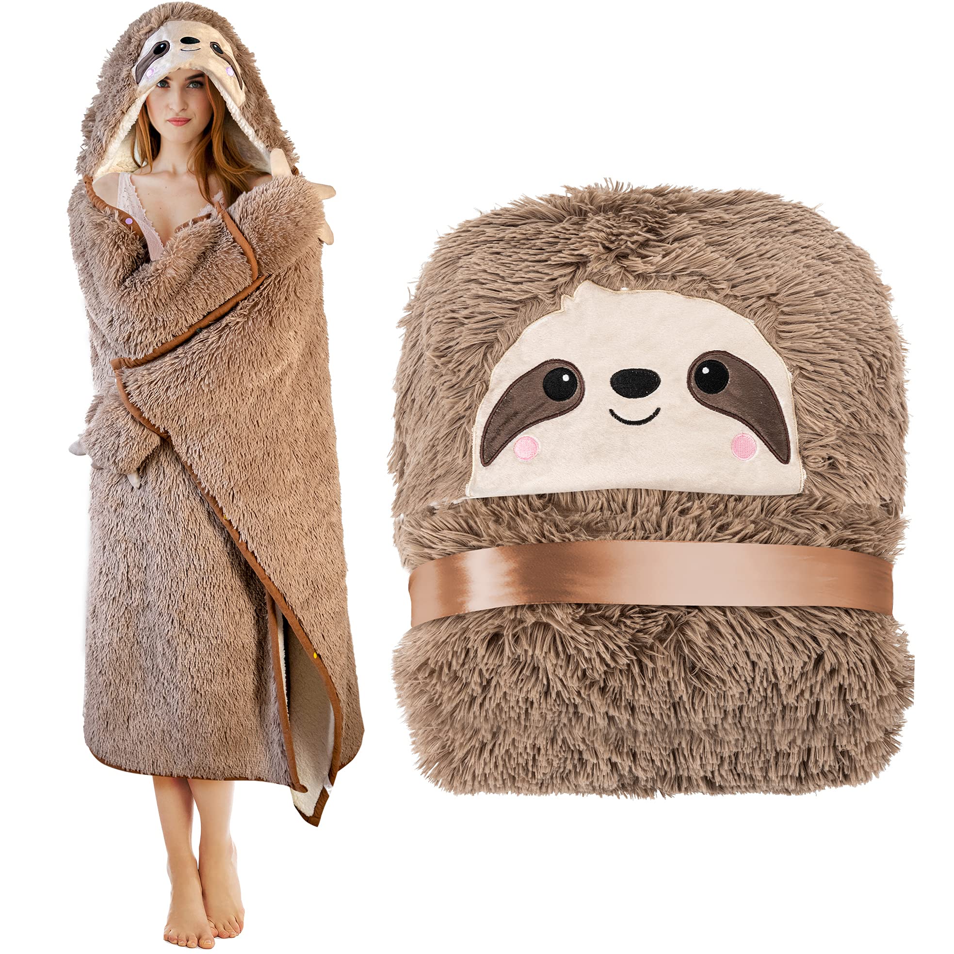Sloth Wearable Hooded Blanket for Adults - Fluffy Super Soft Shaggy Faux Fur, Fuzzy Warm Cozy Plush Furry Fleece & Sherpa Hoodie Throw Cloak Wrap -...