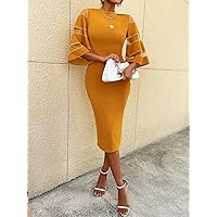Women's Dress Solid Contrast Mesh Sleeve Split Hem Fitted Dress Dresses for Women (Color : Yellow, Size : Small)