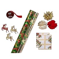 Papyrus Vintage Christmas Wrapping Paper Set, Holiday Traditions (2 Rolls 40 sq. ft., 3 Bows, 1 Ribbon, 3 Gift Tags, 12 Labels)