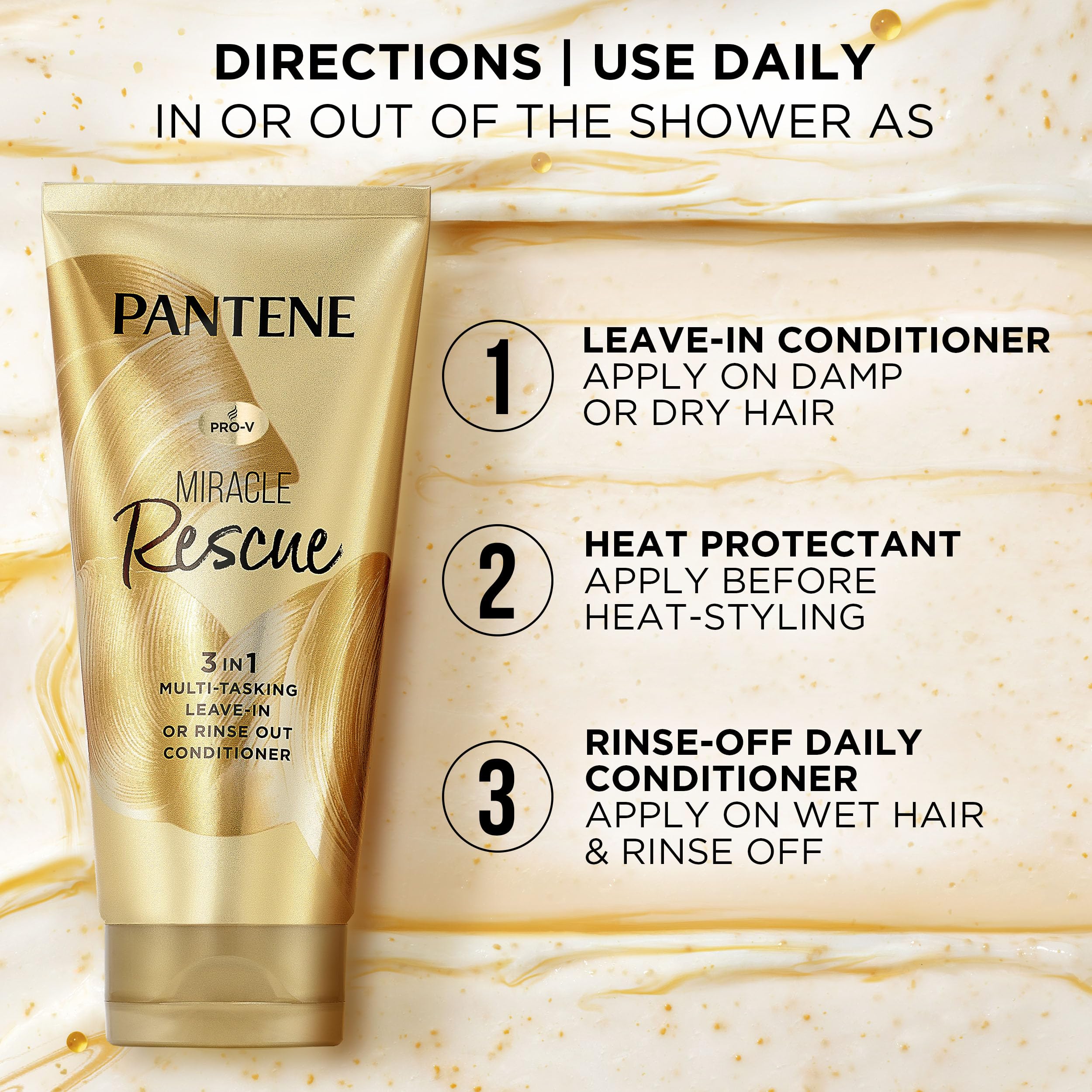 Pantene Miracle Rescue 3 in 1 Leave In Conditioner, Rinse off Conditioner, Heat Protectant for Hair, Detangler, Anti Frizz, Moisturizing, For All Hair Types, Safe for Color Treated Hair, 6.0 fl oz