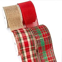 Ribbli 4 Rolls Christmas Wired Ribbon,Natural and Red Burlap Christmas Plaid Wired Ribbon,2 Inch Total 20 Yard, Christmas Ribbon for Crafts, Big Bow,Gift Wrapping, Wreath, Tree Decoration