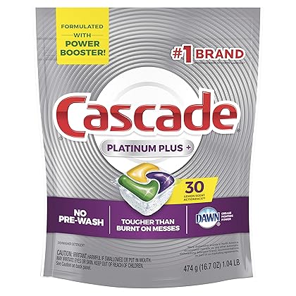 Cascade Platinum Dishwasher Pods, Actionpacs Dishwasher Detergent with Dishwasher Cleaner Action, Lemon Platinum Plus, 30 Count