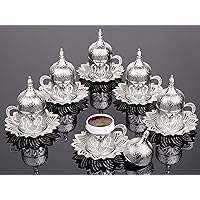 LaModaHome Espresso Coffee Cup with Saucer and Lid Set of 6, Turkish Arabic Greek Porcelain Coffee Set, Coffee Cup for Women, Men, Adults, New Home Wedding Gifts - White/Silver