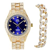 Iced Out Diamond 42mm Simulated Diamond Bling Dial Mens Watch Fully Adjustable Metal Band Quartz Movement 14K Gold Tone Silver Finish