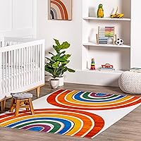 nuLOOM Classic Double Rainbow Machine Washable Kids Ultra Thin Area Rug, 7x9, White Multi