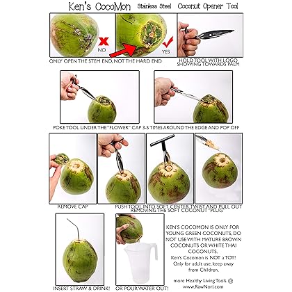 Ken's CocoMon Coconut Opener Tool + Stainless Straw for Fresh GREEN Young Fruit Black Rubber Handle EZ Easy Grip SAFE with Stainless Steel Drinking Straws (1 CocoMon + 1 Straw)