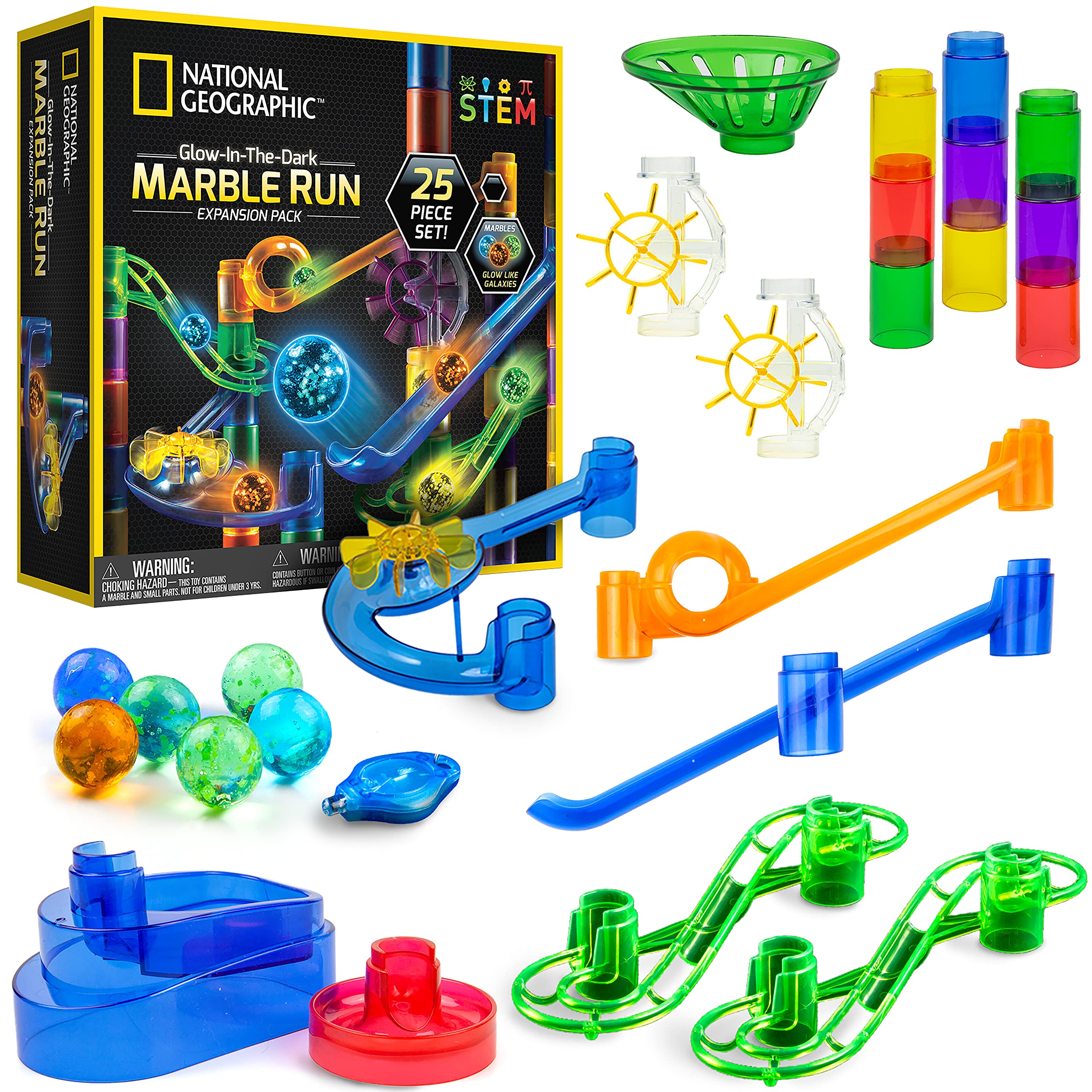NATIONAL GEOGRAPHIC Glowing Marble Run – Expansion Pack with 5 Glow in The Dark Glass Marbles, 20 Construction Pieces, UV Light, Great Creative STEM Toy for Girls and Boys