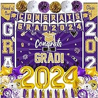 Ouddy Life Purple & Gold Graduation Decorations Class of 2024, 61Pcs Graduation Party Supplies Backdrop Congrats Grad Banner Door Porch Purple Gold Balloons Star for College Campus School Decor