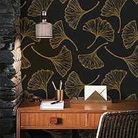 Wallpaper 17.3In×393.7In Black and Gold Wallpaper Peel and Stick Wallpaper Dark Black Contact Paper Ginkgo Leaf Wallpaper Removable Self-Adhesive Wallpaper for Walls Covering Home Renovation