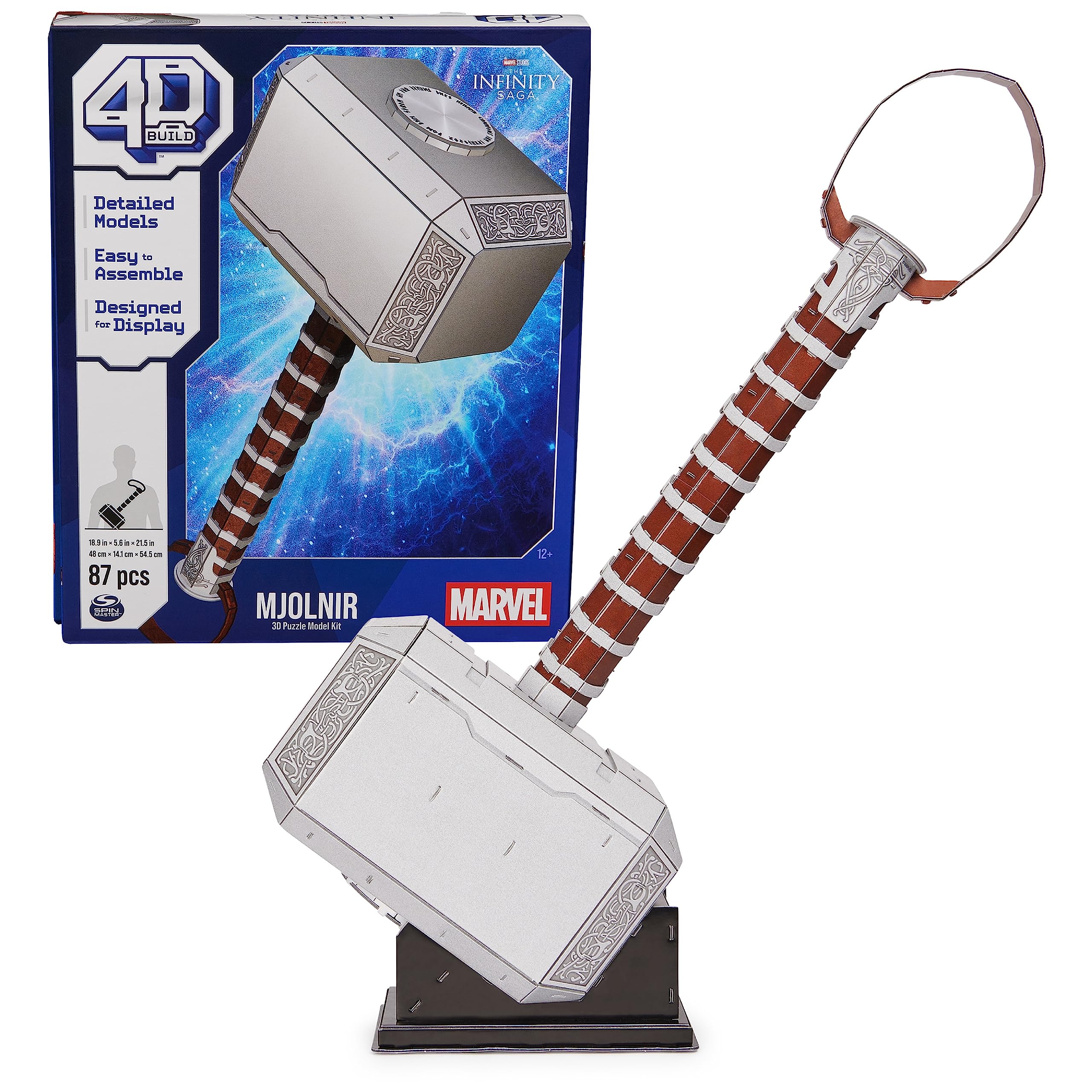 4D Puzzles, Marvel Mjolnir Thor Hammer 3D Puzzle Model Kit with Stand 87 Pcs | Thor Desk Decor | Building Toys | 3D Puzzles for Adults & Teens 12+