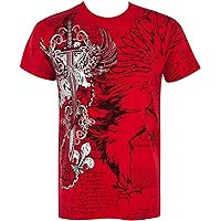 TG427T Eagle,Sword and Chains Metallic Silver Embossed Short Sleeve Crew Neck Cotton Mens Fashion T-Shirt - Red/XX-Large