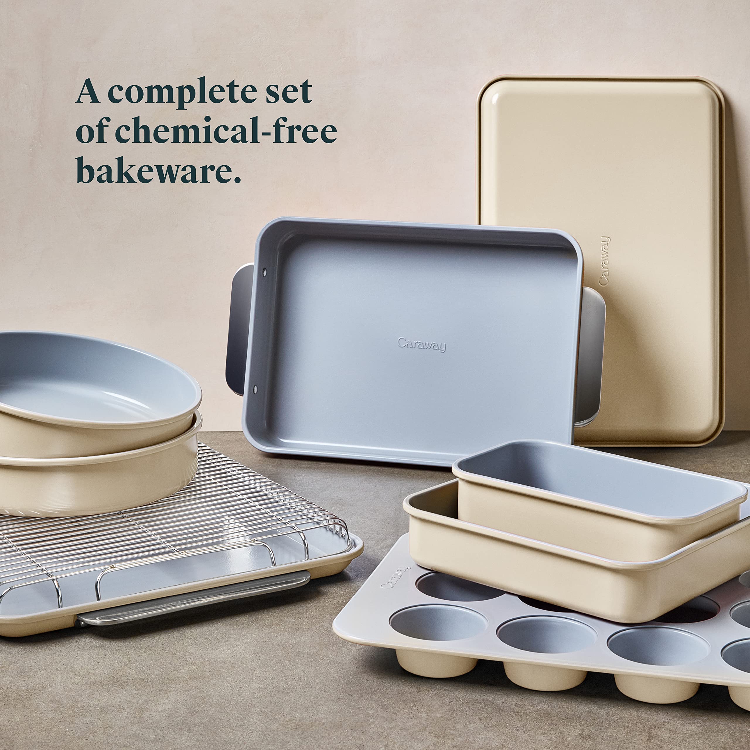 Caraway Nonstick Ceramic Bakeware Set (11 Pieces) - Baking Sheets, Assorted Baking Pans, Cooling Rack, & Storage - Aluminized Steel Body - Non Toxic, PTFE & PFOA Free - Cream