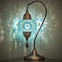 Turkish Moroccan Tiffany Style Handmade Colorful Mosaic Table Desk Bedside Night Swan Neck Lamp Light Lampshade with Metal Body and Hanging Metal Leaf, Turquoise, 19