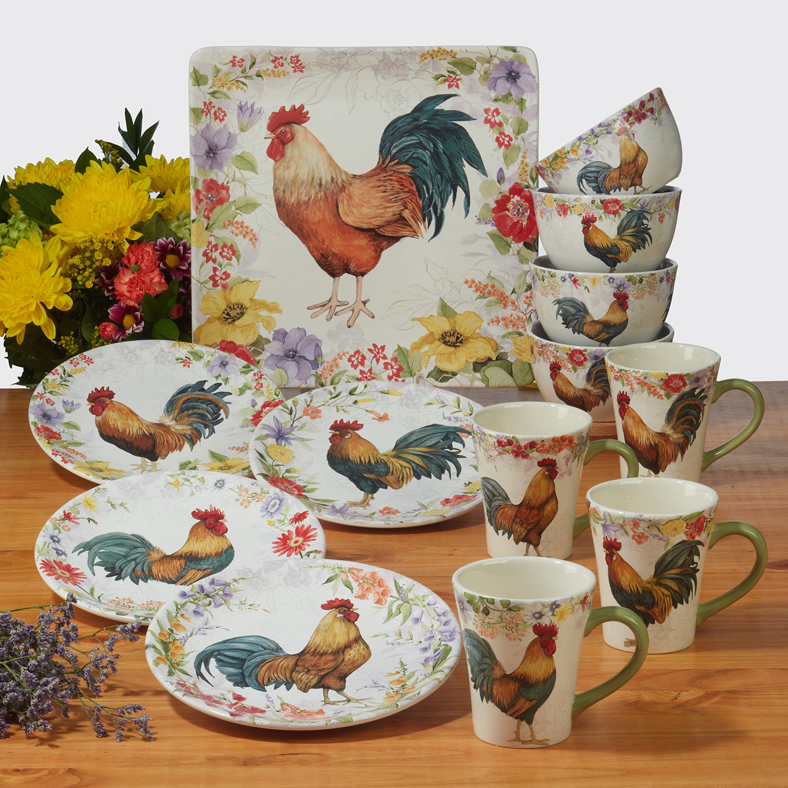Certified International Floral Rooster 38 oz. Soup/Pasta Bowls, Set of 4 Assorted Designs, Multicolor