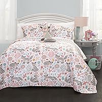 Lush Decor Pixie Fox Reversible Quilt Set, 3 Piece Set, Twin, Gray & Pink - Twin Bedding Sets For Girls - Whimsical Quilt For Kids & Toddlers -Floral & Heart Print - Woodland Bedroom Decor