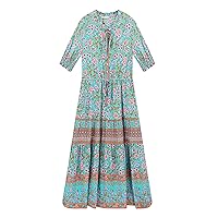 R.Vivimos Women's Summer Cotton Floral Puff Sleeves Casual Boho Drawstring Button Up Midi Dress