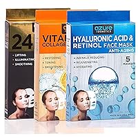 Complete Facial Sheet Mask Bundle - Deeply Hydrating, Anti Aging, Firming, Brightening - Hyaluronic Acid, Collagen, Vit C, B5, Retinol - Vegan and Alcohol/Cruelty Free - 15 Masks - Made in Korea