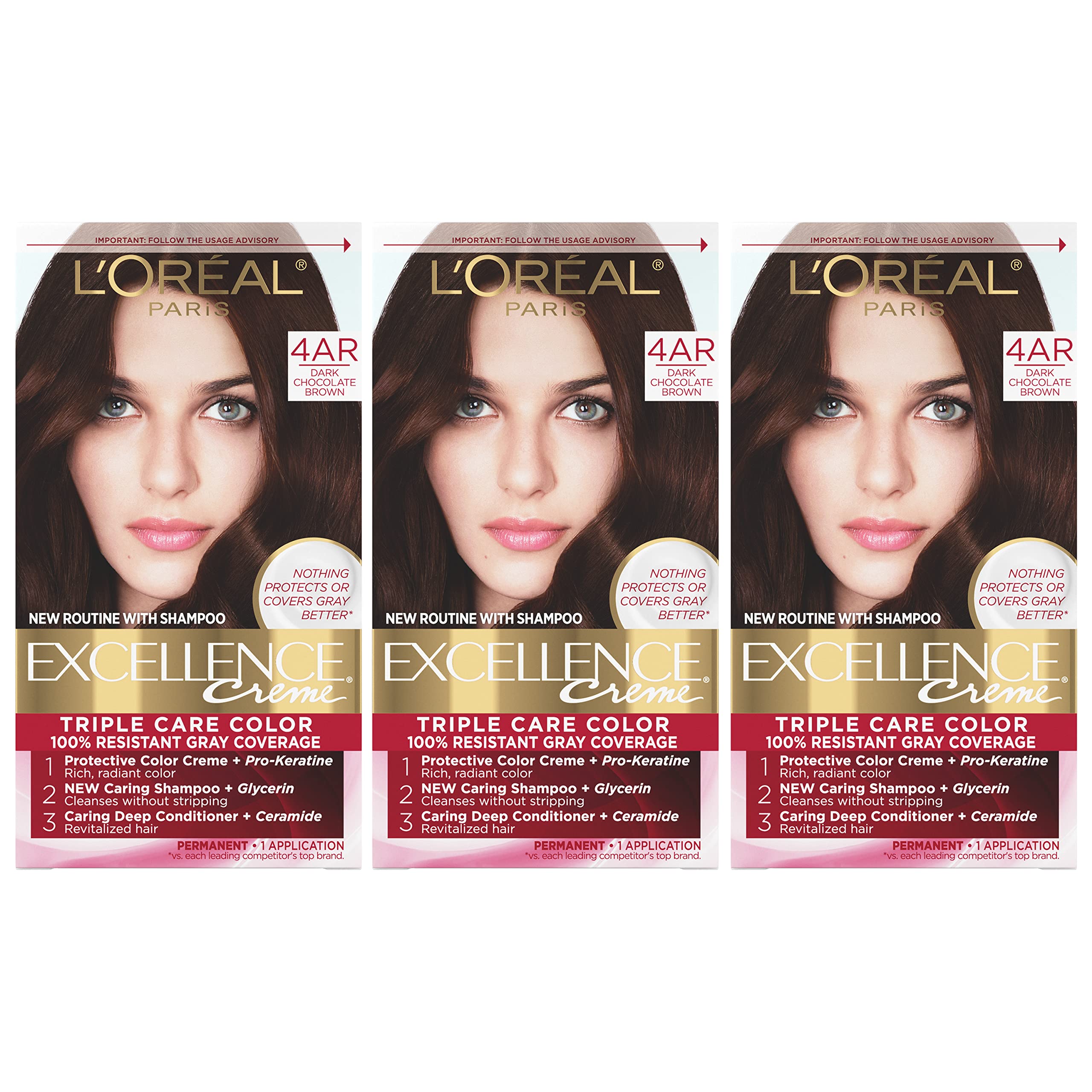 L'Oreal Paris Excellence Creme Permanent Hair Color, 4AR Dark Chocolate Brown (Pack of 3)