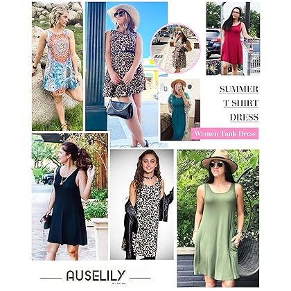 AUSELILY Women Summer Casual T Shirt Dresses Beach Cover up Plain Pleated Tank Dress
