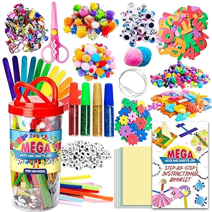 Dragon Too Mega Kids Crafts and Art Supplies Jar Kit - 1000+ Piece Set - Instructional Booklet Included - Glitter Glue, Construction Paper, Colored Popsicle Sticks, Googly Eyes, Pipe Cleaners