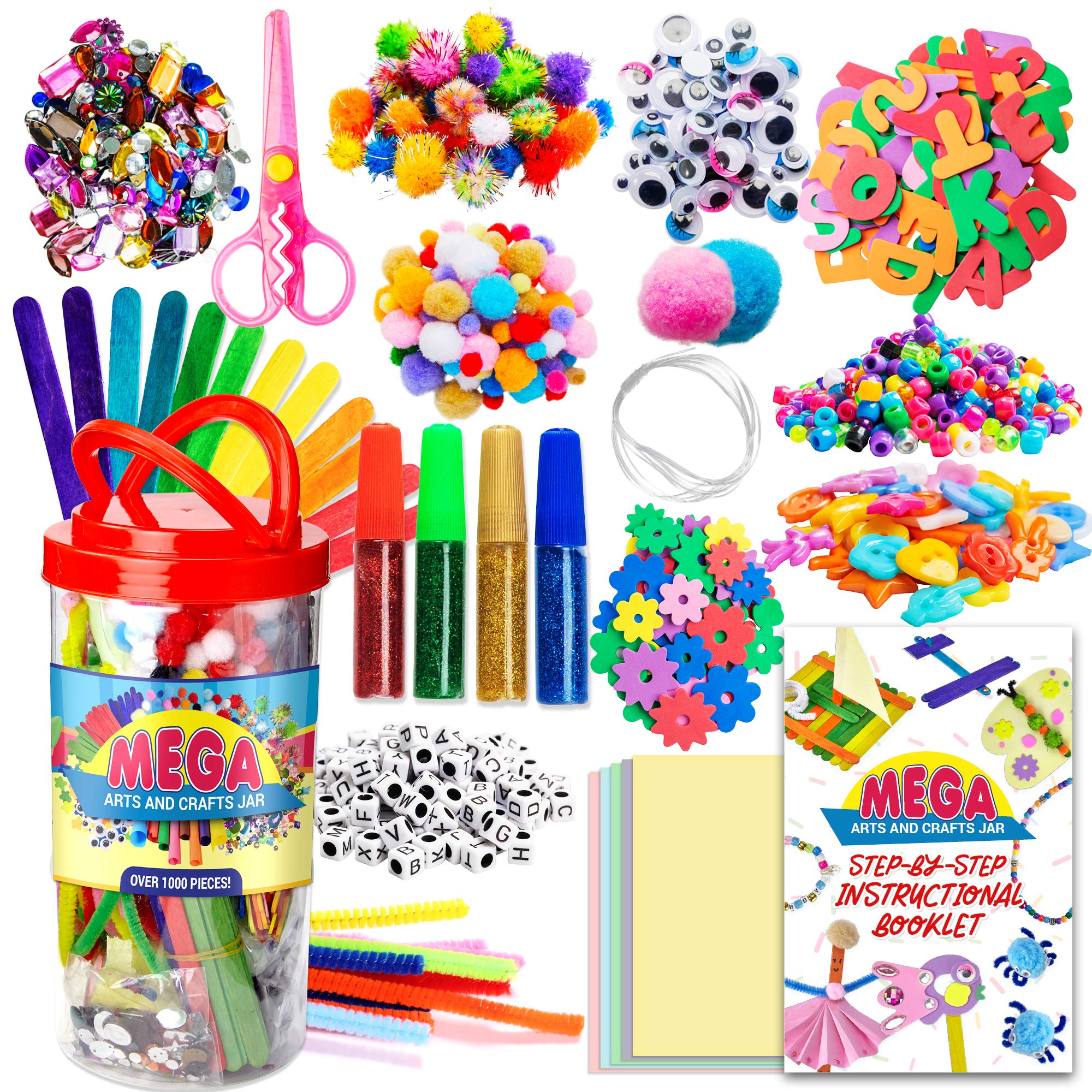 Dragon Too Mega Kids Crafts and Art Supplies Jar Kit - 1000+ Piece Set - Instructional Booklet Included - Glitter Glue, Construction Paper, Colored Popsicle Sticks, Googly Eyes, Pipe Cleaners