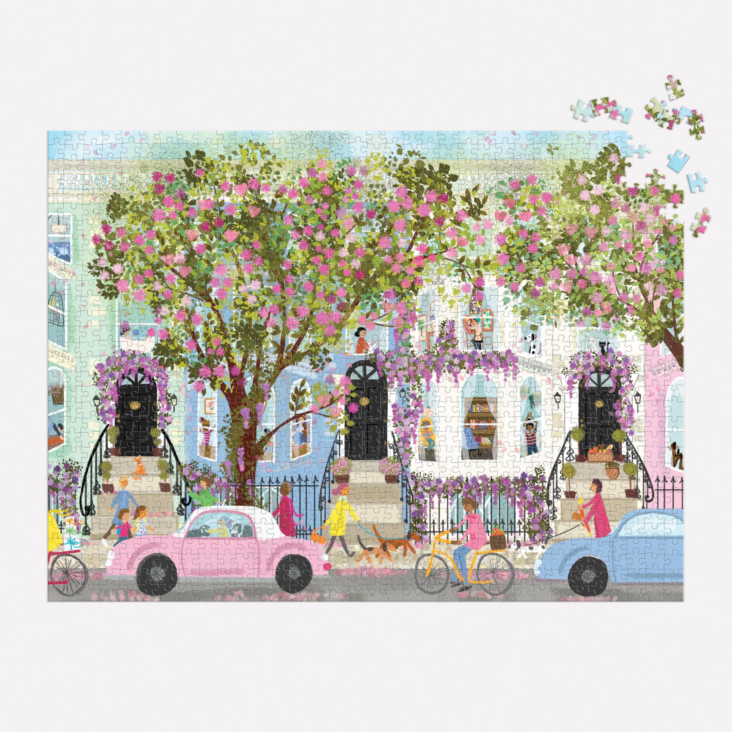 Galison Springtime Terrace – 1000 Piece Joy Laforme Puzzle Featuring a Magnolia Filled Neighborhood Day On A Spring Day