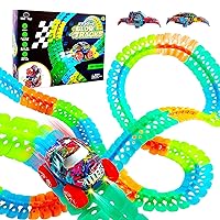 USA Toyz Zero-G Glow Race Track for Kids- 150pcs Glow in the Dark Flexible Race Car Track Set with Suction Cups, Slot Car, 2 Graffiti Toy Cars Shells, STEM Toy LED Car Tracks for Boys and Girls Age 3+