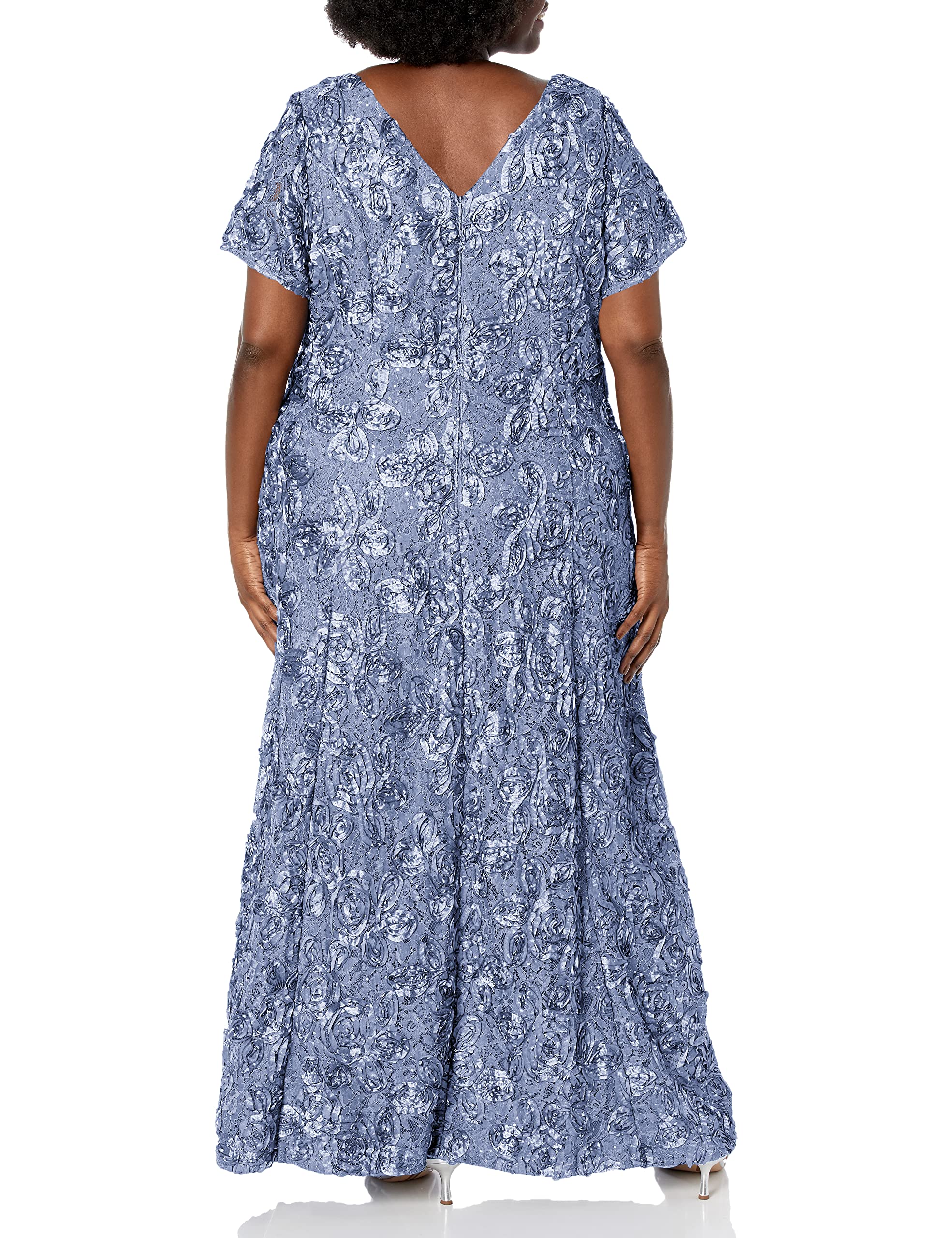 Alex Evenings Women's Long Rosette Lace Cap Sleeve Gown